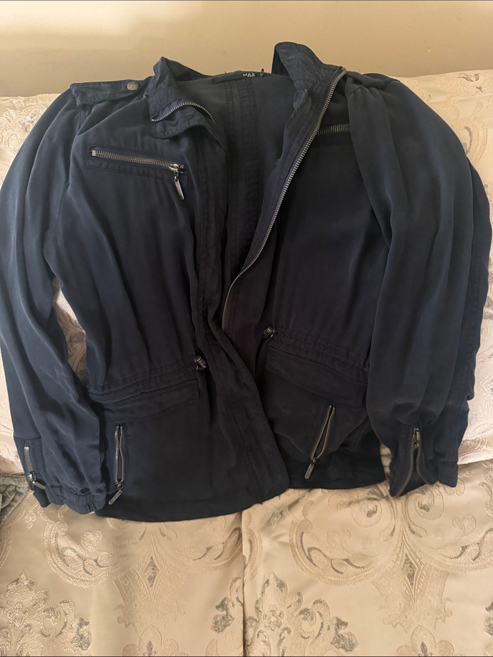Max Jeans Dark Navy Utility Jacket with Zip Accents